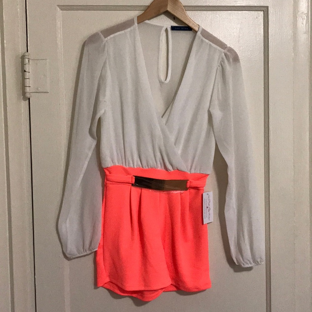 V neck coral and white romper